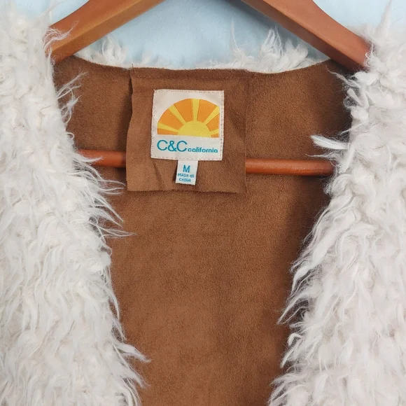Faux Fur Cardigan Vest M White Brown Faux Suede Boho Chic Cabincore Open Front - Picture 3 of 10